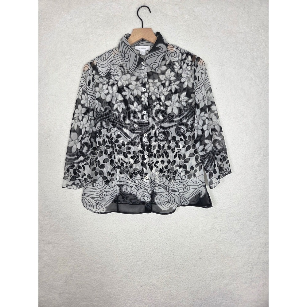 Dressbarn M Floral Sheer Button Up Blouse & Pleated Tank Set Flare Ruffle Sleeve